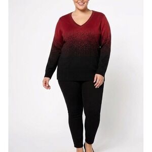 New Birch NY size 1X Red Black Ombre V Neck Stretch Knit Long Sleeve Sweater